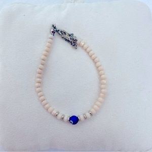 Handmade White Beaded Bracelet with Evils Eye in EUC